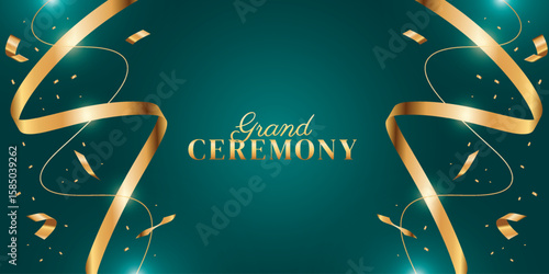 Elegant dark green grand ceremony background with ribbon. Modern promotional media design.