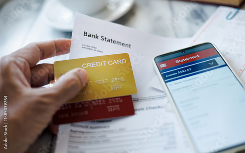 Canvas Print man hand holding credit card with bank statement report using smart phone checki