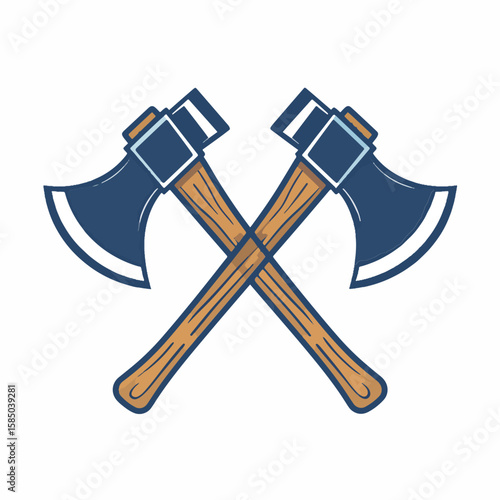 Vector illustration of two crossed axes with wooden handles and navy blue heads, isolated on a clean white backdrop, for logo or icon design.