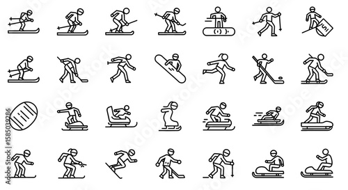Winter Sports Vector Icon Set | Skiing, snowboarding, ice skating, hockey, sledding, tobogganing, snow, winter, outdoor activities