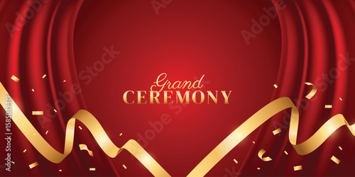 Red grand ceremony background with ribbon and curtain. Modern elegant promotional media design.