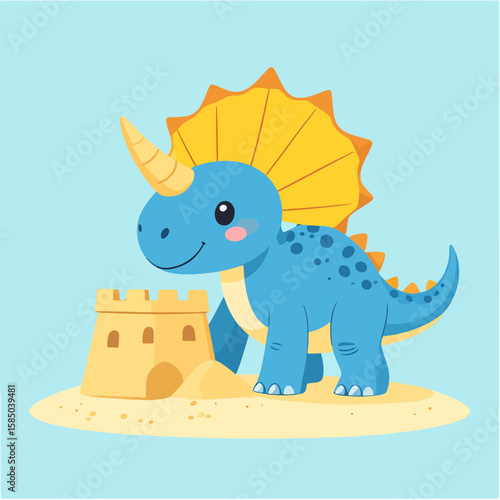 Adorable blue triceratops dinosaur building a sandcastle on a light blue background, perfect for children's books, educational materials, and party invitations.