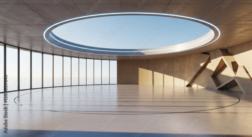 Fototapeta premium Modern interior space with large circular skylight and empty floor