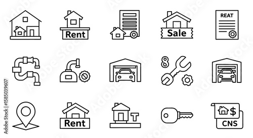 Real Estate Vector Icon Set | Rent, sale, house, plumbing, garage, repair, location, key, contract, CNS, property icons