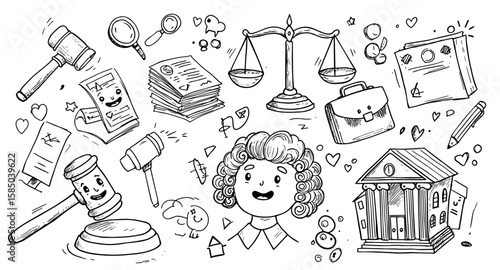 Hand-drawn legal concepts: judge, gavels, scales, court, and law documents doodle