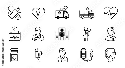 Medical Icon Set | Hospital, nurse, ambulance, doctor, heart, medicine, medication, treatment, healthcare, lifeline, health, cure icons