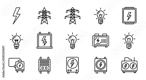 Electricity Vector Icon Set | Power, energy, battery, bulb, pylon, generator, lightning, supply, electric, transmission icons