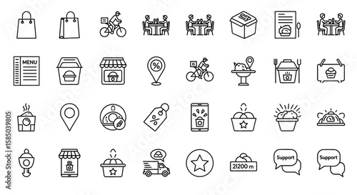 Food Delivery Vector Icon Set | Shopping bag, bicycle, dining, takeaway, menu, location pin, discount, mobile, van, review, support icons
