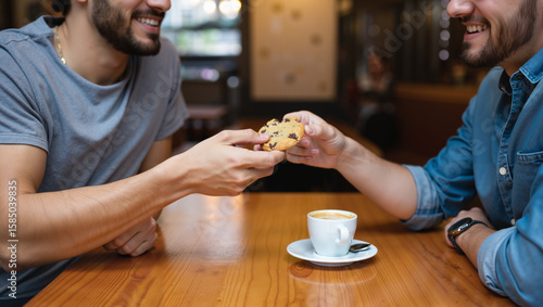 Two people sharing food at cafe table with coffee