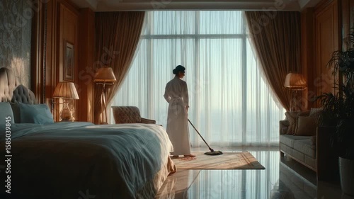 Elegant woman in nightdress cleaning large window in luxurious hotel bedroom with soft warm lighting and classic decor