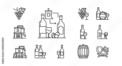 Wine Vector Icon Set | Grapes, bottle, glass, barrel, press, fruit, wine-making, vineyard, winery, tasting, drink icons