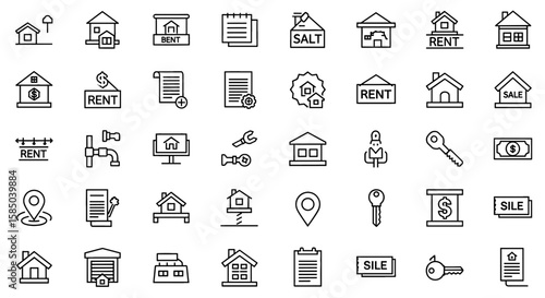 Real Estate Vector Icon Set | House, rent, sale, key, document, location, sign, property, home, building