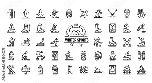 Winter Sports Vector Icon Set | Skiing, skating, hockey, sledding, winter activities, gear, mountain, snow, recreation icons