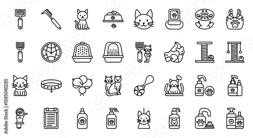 Cat Care Vector Icon Set | Pet, food, toy, grooming, carrier, litter, collar, shampoo, scratching post, health, accessories icons