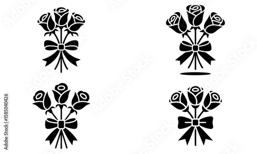 Rose bouquet icon set with ribbons in black silhouette style for floral and romantic design
