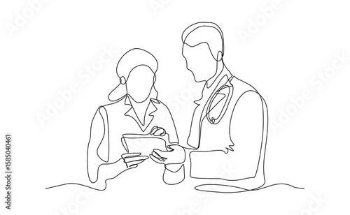 Continuous line of doctor discusses a patient's treatment plan with a nurse in the hospital. Sketch drawing editable stroke vector illustration