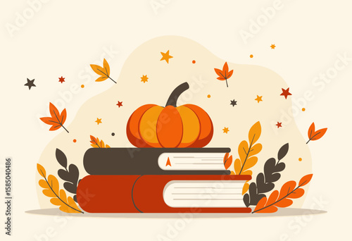 Seasonal pumpkin and books with autumn leaves on beige background  