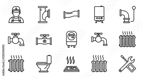Plumbing Vector Icon Set | Fixtures, pipes, water heater, radiator, toilet, plumber, tools, repair, equipment, maintenance, sanitary, system