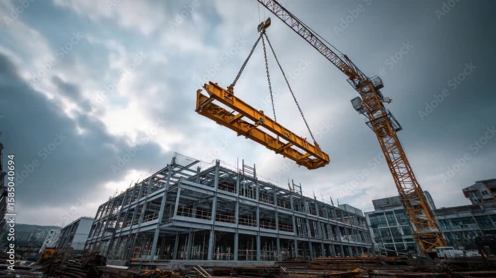 Construction Site with Steel Framework and Tower Crane Under a Cloudy ...