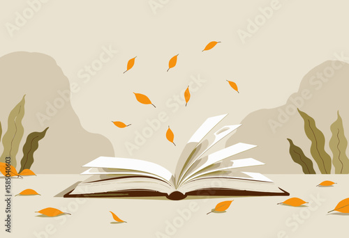Open book with falling leaves on minimalist background  