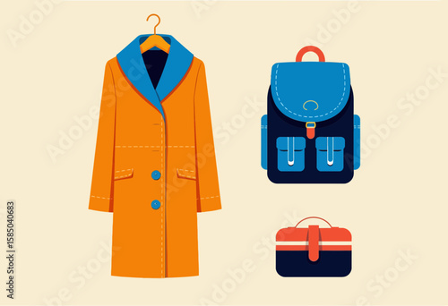 Colorful coat, backpack, and briefcase in flat design style  