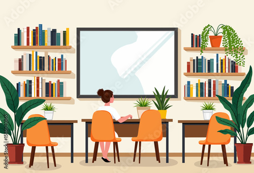 Woman sitting at desk in modern library with bookshelves and plants  