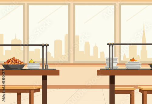 Restaurant interior with food displays and city skyline view  