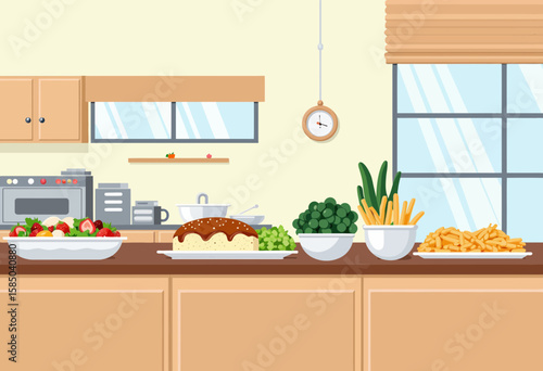 Kitchen countertop with various prepared dishes and vegetables  
