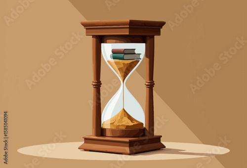 Hourglass with books representing the passage of time and knowledge  
