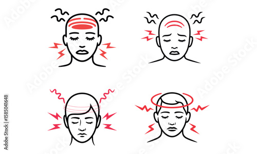 Headache and migraine icon set showing facial pain with red marks and stress symptoms
