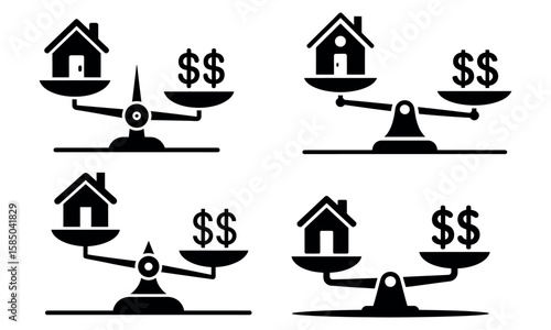 Real estate icon set with balance scales showing house and money value comparison
