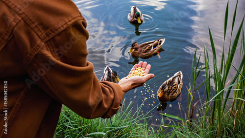 Hand feeding ducks by lake in serene nature scene