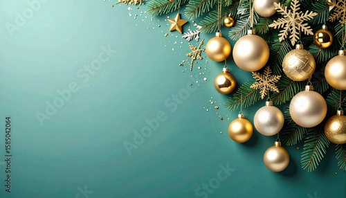 Festive holiday decorations christmas theme ornaments and snowflakes green background close-up view celebratory concept
