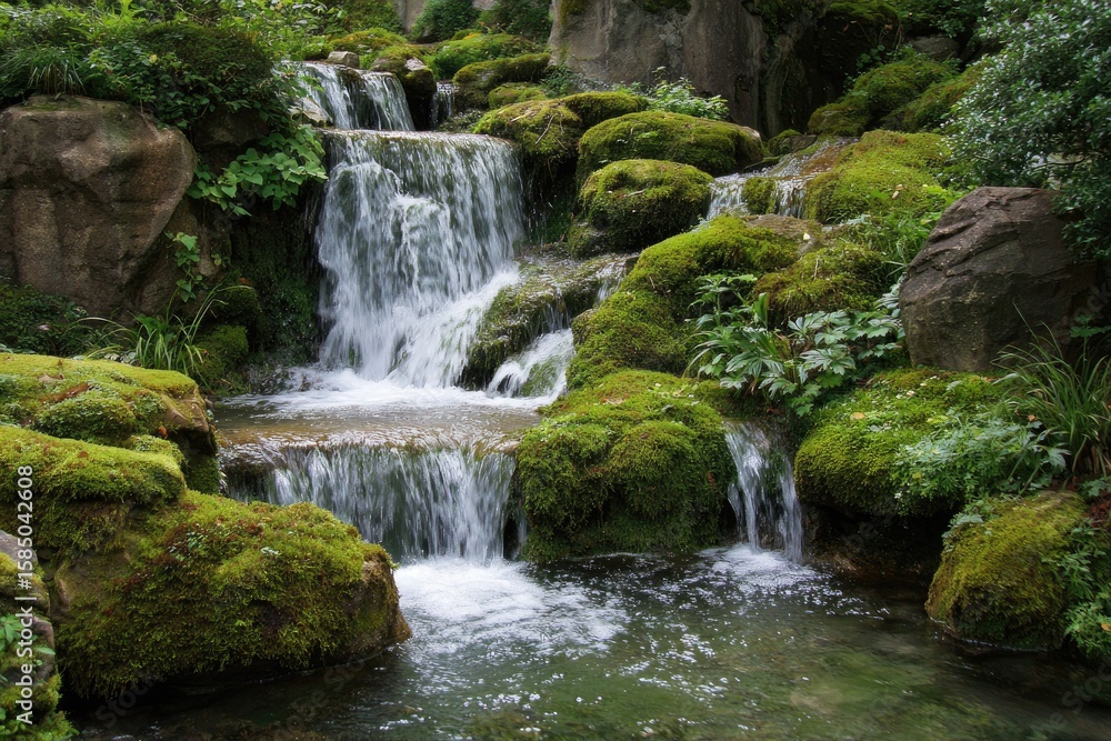 Naklejka premium Cascading waterfall in a lush, moss-covered rock garden, tranquil water flowing over tiered stones