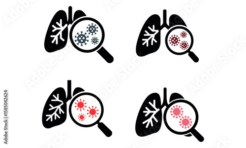 Lung infection icon set with magnifying glass and virus symbols for respiratory disease
