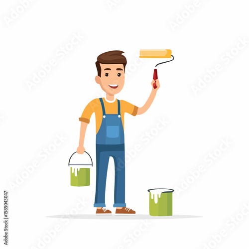 Cartoon man painting wall with roller and can of paint at home