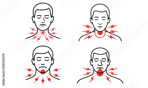 Throat pain icon set showing sore throat symptoms with red pain indicators on human neck
