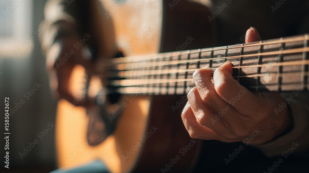 Fototapeta premium The musician playing an acoustic guitar in warm, natural light.