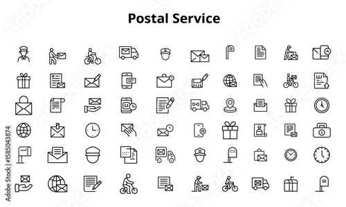 Postal service icon collection showing mail delivery, courier and logistics elements
