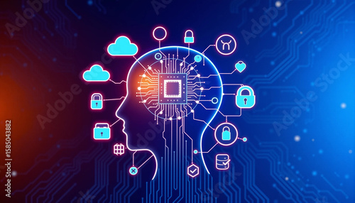 Artificial intelligence technology concept with head silhouette, AI chip and cybersecurity icons on dark background representing digital network system. 3D Rendering