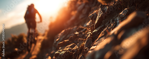 Mountain biking at sunset along a rocky trail with warm light illuminating the landscape and cyclist's silhouette