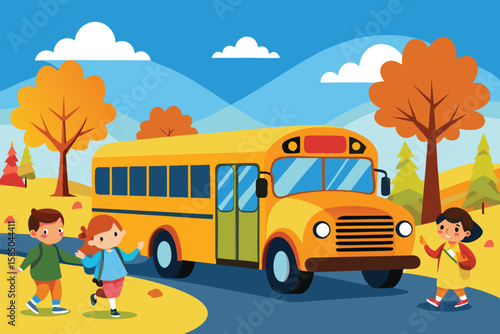Children Boarding a Yellow School Bus on an Autumn Day