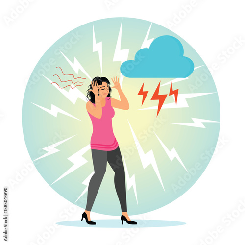 Anxiety. A woman struggling with stress and noise.