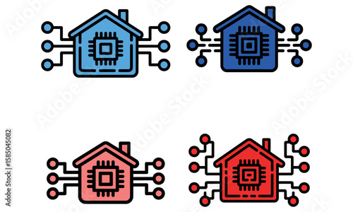 Smart home icon set with circuit board connections representing modern digital technology
