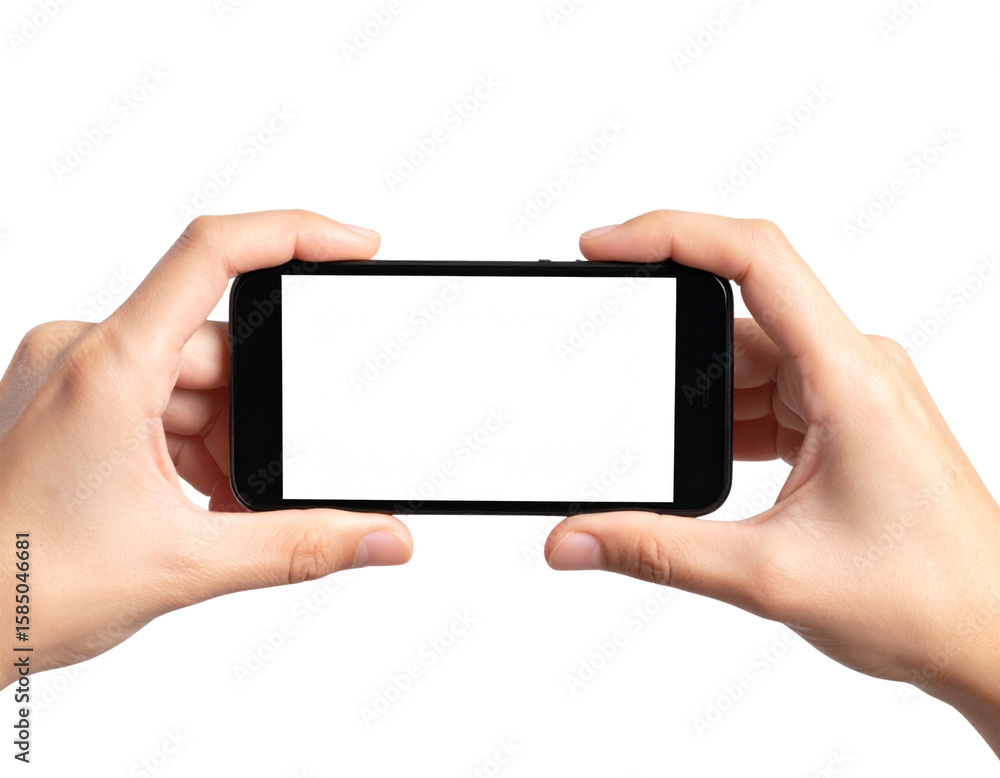 A - Black Smartphone with White Screen Held in Two Hands, Landscape Orientation, Isolated PNG” A - Black Smartphone with White Screen Held in Two Hands, Landscape Orientation, Isolated PNG”