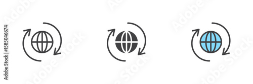 Global rotation icon set in line, solid and filled outline style