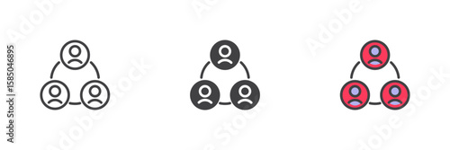 Team structure icon set in line, solid and filled outline style