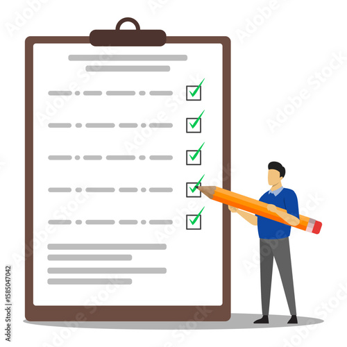 Businessman marks on the to-do list with giant pencil. Survey document. Checklist form for feedback or questionnaire pool. Flat vector illustration.	