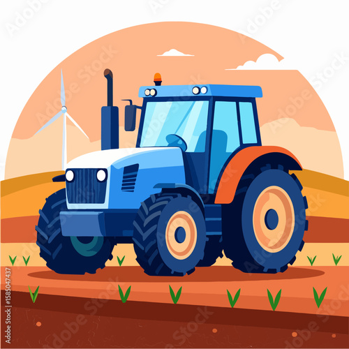 A vibrant vector illustration depicts a blue tractor in a field with sprouting plants, a windmill, and a colorful sunset sky, showcasing sustainable agriculture.