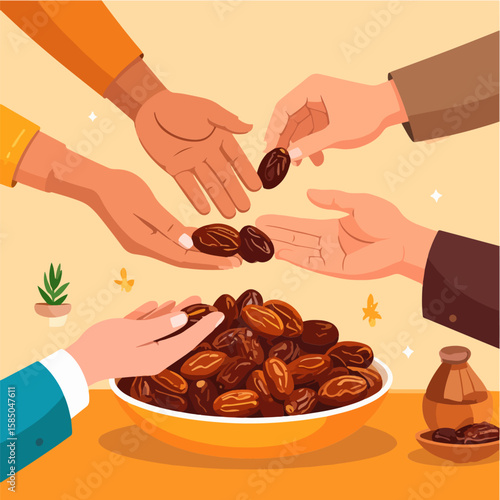 A warm illustration showing a group of hands passing and sharing dates from a bowl, symbolizing generosity and togetherness during Ramadan or other celebrations.